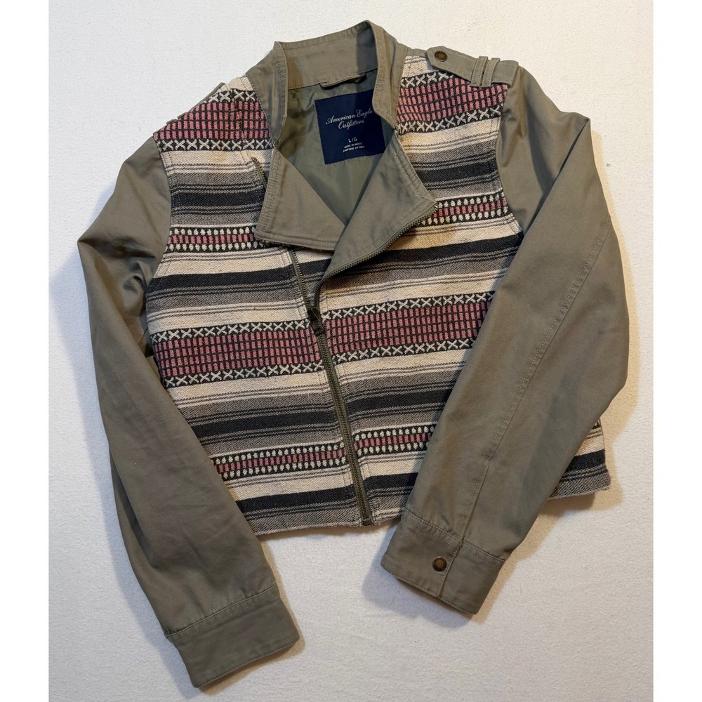 American Eagle Womens Large Olive Green Tapestry Moto Jacket Southwestern Croppe